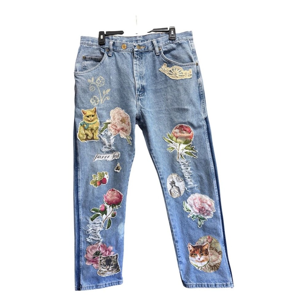 Upcycled Wrangler Jeans 36x30 | Cottagecore Cat Kitty Floral Boho Denim